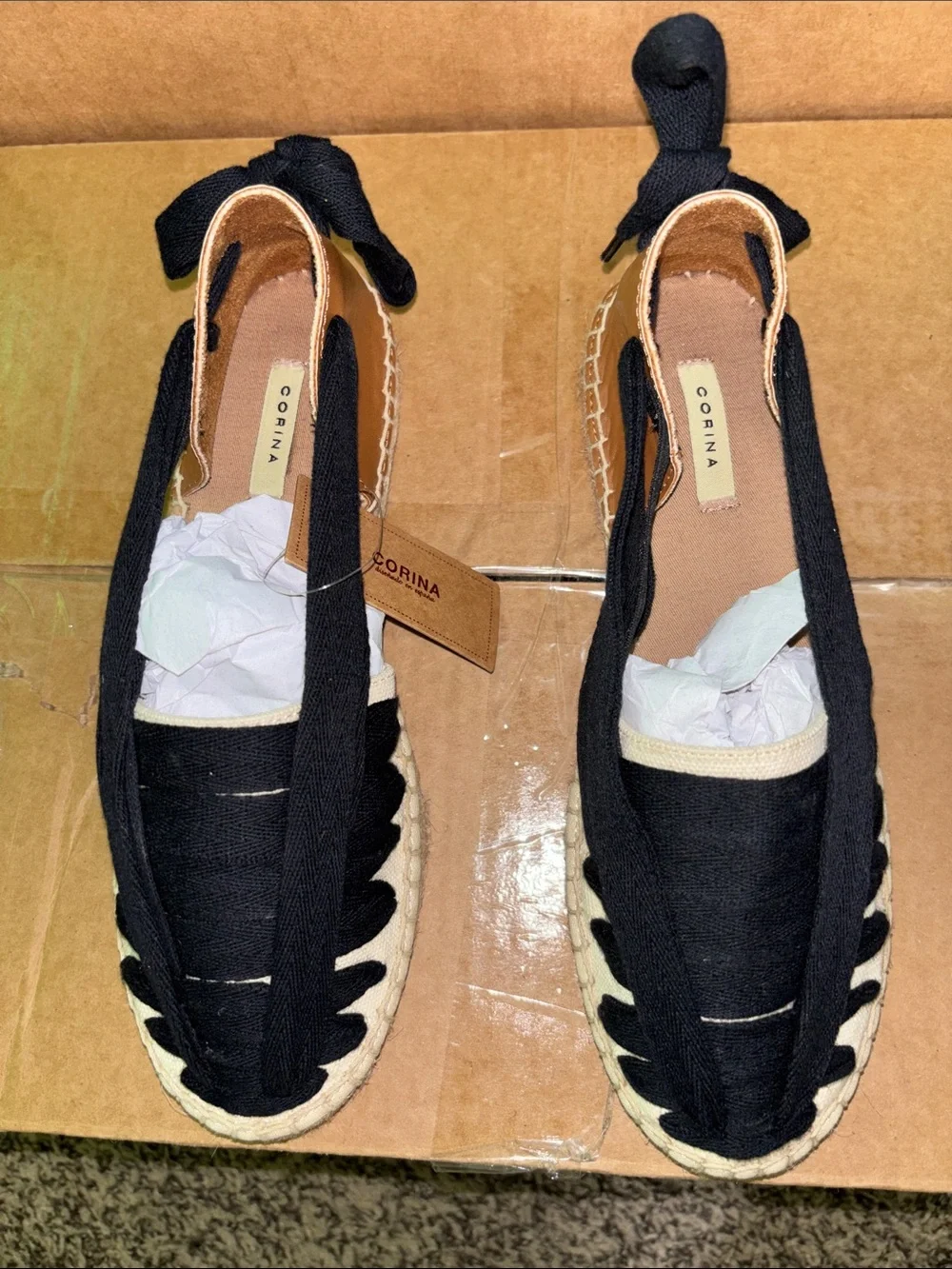 Canvas Espadrille Lace-Up Wedge in Black, Cream & Tan